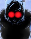  absurdres batman_(series) beads blue_background breasts fur_trim glowing glowing_eyes grin hair_ornament hair_stick highres large_breasts mei_(overwatch) mr._freeze overwatch parody randomboobguy red_eyes shadow smile snowflakes solo 