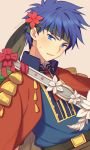  1boy alternate_costume blue_eyes blue_hair blush cape fire_emblem fire_emblem:_souen_no_kiseki fire_emblem_heroes flower gloves headband ike jacket male_focus nintendo short_hair simple_background solo sword valentine weapon wusagi2 