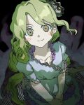  1girl @_@ barefoot blonde_hair blush clam_shell_ornament closed_mouth collarbone commentary cotolu dark_background dress frills long_hair looking_at_viewer low_ponytail ponytail short_sleeves sitting smile solo touhou very_long_hair watari_nina wavy_hair white_dress yellow_eyes 