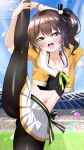  1girl :d ahoge arms_behind_head averting_eyes black_camisole black_pantyhose black_ribbon blue_eyes blue_sky blush bow brown_hair camisole cat_hair_ornament commentary_request cowboy_shot crop_top cropped_jacket green_ribbon hair_ornament hair_ribbon halterneck highres holding_own_leg hololive jacket kneepits linea_alba looking_at_viewer medium_hair midriff miniskirt mizuno_kurage natsuiro_matsuri natsuiro_matsuri_(1st_costume) navel neck_ribbon open_mouth orange_jacket pantyhose pinstripe_camisole pinstripe_pattern pleated_skirt ribbon sash shiny_clothes short-sleeved_jacket short_sleeves side_ponytail skirt sky smile solo spaghetti_strap split stadium standing standing_on_one_leg standing_split teeth thighband_pantyhose upper_teeth_only virtual_youtuber waist_bow white_skirt 