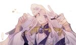  1boy :d blending blue_gem brooch chinese_clothes chinese_commentary cleavage_cutout clothing_cutout commentary_request facial_mark flower_facial_mark flower_symbol gem hanfu highres horns jewelry li_ri_zhi_ze long_hair long_sleeves looking_at_viewer male_focus musical_note osmanthus_wine_(the_tale_of_food) parted_bangs purple_eyes robe sidelocks_tied_back sideways_glance smile solo the_tale_of_food tree_horns upper_body veil veil_lift white_background white_hair white_hanfu white_robe white_veil wide_sleeves 