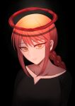  1girl absurdres black_background black_dress blending blood blood_halo braid braided_ponytail chainsaw_man closed_mouth commentary_request dress halo highres higu2moe1 liquid_halo long_hair looking_at_viewer makima_(chainsaw_man) orange_eyes red_hair red_halo ringed_eyes sidelocks simple_background smile solo upper_body wispy_bangs 