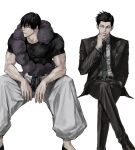  2boys baggy_pants belt black_belt black_hair black_jacket black_pants cigarette closed_mouth collared_shirt compression_shirt crossed_arms dress_shirt dress_shoes fingernails fushiguro_toji hand_in_pocket highres inventory_curse_(jujutsu_kaisen) invisible_chair jacket jujutsu_kaisen looking_at_viewer looking_to_the_side male_focus multiple_boys muscular muscular_male necktie pants scar scar_on_face scar_on_mouth shirt shiu_kong short_hair simple_background sitting smoking sso_s suit_jacket suit_pants veins veiny_arms white_background white_pants white_shirt 