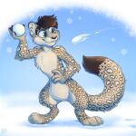 1:1 4_fingers 4_toes anthro bodily_fluids brown_hair brown_nose brown_pawpads cheek_tuft chest_tuft colored cum digital_drawing_(artwork) digital_media_(artwork) dipstick_tail english_text facial_tuft feet felid fingers fur genital_fluids hair hi_res holding_object male mammal markings mimi-fox motion_lines outside pantherine pawpads paws shaded short_hair smile snow snow_leopard snowball snowballing snowflake snowing solo spots spotted_body spotted_fur standing tail tail_markings text toes tuft