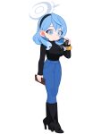  1girl ako_(blue_archive) alternate_costume black-framed_eyewear black_boots black_sweater blue_archive blue_eyes blue_hair blue_pants boots breasts casual denim full_body hair_behind_ear high_heel_boots high_heels highres holding holding_removed_eyewear jeans large_breasts long_sleeves medium_hair monster_l_(hochihochiha) pants simple_background solo sunglasses sweater unworn_eyewear white_background 