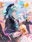  1boy absurdres anaxa_(honkai:_star_rail) anaxa_(impression)_(honkai:_star_rail) aqua_hair balloon beach black_capelet black_pants bubble_tea building capelet city closed_mouth commentary crossed_legs cup day disposable_cup eyepatch foot_dangle fox_mask glint green_hat hair_over_one_eye hair_over_shoulder hat highres holding holding_cup honkai:_star_rail honkai_(series) incoming_drink jewelry light_smile loading_icon long_hair long_sleeves looking_at_viewer male_focus mask ocean official_alternate_costume on_railing one_eye_covered outdoors pants pink_pupils ponytail railing ring shirt sitting solo unworn_mask white_shirt yunmaojan 