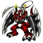  armor blade cable cannon chest_cannon claws cyborg digimoji digimon digimon_tamers digital_hazard dinosaur dragon dual_wielding glowing gun_port holding megalogrowmon monster n36hoko no_humans red_armor ribbon solo tail tail_ribbon weapon white_hair yellow_eyes 