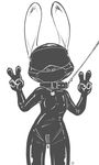  alec8ter anthro blindfold bodysuit clothed clothing collar collar_tag disney female flat_chested front_view gag gagged gimp_suit judy_hopps lagomorph leash looking_at_viewer mammal mask monochrome open_mouth rabbit rubber simple_background skinsuit solo teeth text tight_clothing white_background zipper zootopia 