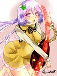  biwa_lute chain dress flower fujimori_tonkatsu hair_flower hair_ornament highres instrument long_hair low_twintails lute_(instrument) open_mouth purple_eyes purple_hair short_dress solo touhou tsukumo_benben twintails 