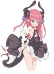  adjusting_clothes adjusting_panties ass bare_shoulders blade_(galaxist) blue_eyes blush detached_sleeves dragon_horns dragon_tail dress dress_lift elizabeth_bathory_(fate) elizabeth_bathory_(fate)_(all) fang fate/extra fate/extra_ccc fate_(series) flat_chest hair_ribbon horns long_hair looking_at_viewer open_mouth panties pink_hair pointy_ears ribbon simple_background solo striped striped_panties tail underwear white_background wrist_cuffs 