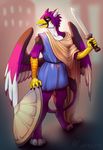  anthro avian beak clothed clothing gryphon kaitycuddle looking_at_viewer male melee_weapon open_mouth shield simple_background solo sword weapon wings 