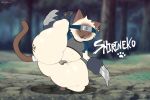 2026 accessory anthro armor artist_name axoarts bell bell_ear_ring big_butt black_clothing black_crop_top black_footwear black_nose black_sandals black_shirt black_topwear blue_clothing blue_crop_top blue_shirt blue_topwear body_writing brown_body brown_ears brown_fur brown_tail butt character_name clothing crop_top digital_media_(artwork) domestic_cat ear_piercing ear_ring eyes_closed fangs felid feline felis footprint footwear forehead_protector forest fur furgonomics gauntlet_blades gauntlets gauntlets_(weapon) gloves grey_clothing grey_crop_top grey_shirt grey_topwear hair handwear headband hi_res male mammal multicolored_body multicolored_clothing multicolored_crop_top multicolored_fur multicolored_shirt multicolored_topwear ninja outside pawprint piercing plant pose ring_piercing sandals sharp_teeth shirt shoes smile solo stretching stretching_legs tail tail_accessory tailband teeth text thick_thighs tongue tongue_out topwear tree two_tone_body two_tone_fur warrior whiskers white_body white_fur white_hair writing_on_butt