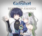  1boy 1girl :p absurdres aged_up aichiroo alternate_hairstyle anemo_symbol_(genshin_impact) aqua_gem arm_cutout arm_hug armlet armor bare_shoulders belt black_belt black_bodysuit black_bow black_bridal_gauntlets blue_cape blue_kimono blue_sleeves blunt_ends blush bodysuit bow breasts bridal_gauntlets cape cleavage closed_eyes closed_mouth clothing_cutout collarbone colored_tips copyright_name cosplay couple covered_collarbone detached_sleeves dress drop_shadow eyelashes eyeliner facing_viewer feathers furisode gem genshin_impact gold gold_ring gold_trim gradient_hair green_hair hair_down hair_ornament hand_up heart heart_hair_ornament height_difference hetero highres japanese_armor japanese_clothes jewelry juban kimono kote kurokote layered_sleeves leaf leaf_hair_ornament long_hair makeup mandarin_collar middle_ring multicolored_hair nahida_(genshin_impact) neck_ring open_clothes open_hand open_kimono pairing_name pom_pom_(clothes) purple_rope purple_sash red_eyeliner rope rukkhadevata_(genshin_impact) rukkhadevata_(genshin_impact)_(cosplay) sash scaramouche_(genshin_impact) short_sleeves shoulder_peek side_cape smile strapless strapless_dress streaked_hair tongue tongue_out vision_(genshin_impact) wanderer_(genshin_impact) white_dress white_hair white_kimono white_sleeves white_trim wispy_bangs yellow_feathers 