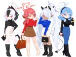  4girls absurdres ako_(blue_archive) alternate_costume aru_(blue_archive) bag black-framed_eyewear black_boots black_hair black_jacket black_nails black_sweater blue_archive blue_eyes blue_hair blue_pants blue_sweater boots breasts brown_bag brown_skirt casual closed_mouth commentary_request dark-skinned_female dark_skin denim earrings full_body grey_hair hair_behind_ear hand_on_own_hip handbag high_heel_boots high_heels highres holding holding_removed_eyewear horns iori_(blue_archive) jacket jeans jewelry kayoko_(blue_archive) knee_boots large_breasts long_hair long_sleeves looking_at_viewer medium_breasts medium_hair monster_l_(hochihochiha) multicolored_hair multiple_girls necklace open_clothes open_jacket orange_eyes pants pencil_skirt pink_hair pointy_ears ponytail red_eyes red_hair red_sweater short_ponytail simple_background skirt socks sunglasses sweater twintails two-tone_hair unworn_eyewear very_long_hair white_background white_boots white_hair white_skirt 