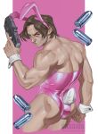  1boy absurdres animal_ear_hairband animal_ears bara blue_eyes brown_hair bullet cowboy_shot fake_animal_ears from_behind furrowed_brow gun hairband highres holding holding_gun holding_weapon leon_s._kennedy leotard looking_at_viewer looking_back male_focus male_playboy_bunny muscular muscular_male pink_leotard rabbit_ear_hairband rabbit_ears rabbit_tail resident_evil resident_evil_requiem serious short_hair solo sweet_cassius tail twisted_torso weapon weapon_request wrist_cuffs 
