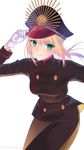  adjusting_clothes adjusting_hat artoria_pendragon_(all) blonde_hair blush breasts commentary_request cosplay cowboy_shot fate_(series) gloves gradient_hair green_eyes hat highres koha-ace leaning_forward long_sleeves looking_at_viewer medium_breasts military military_uniform multicolored_hair nipi27 oda_nobunaga_(fate) oda_nobunaga_(fate)_(cosplay) peaked_cap pink_hair saber smile solo two-tone_hair uniform white_gloves 