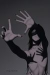  1girl black_choker black_hair bleach breasts choker commentary english_commentary grey_background hand_shadow_covering_breasts_(meme) highleg highleg_panties highres kuchiki_rukia lace lace_choker linea_alba long_hair looking_at_viewer meme navel outstretched_arms panties panty_straps prixmal ribs shadow_censor simple_background small_breasts solo stomach topless_female underwear upper_body 