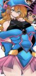  1boy 1girl absurdres artist_name bare_shoulders blonde_hair blue_dress blush_stickers breasts closed_mouth commentary_request cosplay dark_magician dark_magician_(cosplay) dark_magician_girl dress green_eyes hat highres kinakomochi_(user_vedc2333) kuriboh large_breasts long_hair looking_at_viewer multicolored_hair purple_eyes witch witch_hat yami_yugi yu-gi-oh! 