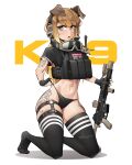  1girl :o absurdres adjusting_clothes adjusting_panties animal_ears arm_tattoo armor ass_tattoo assault_rifle black_gloves black_panties black_shirt black_thighhighs blonde_hair breastplate brown_hair character_name dog_ears dog_girl fingerless_gloves full_body gloves goggles goggles_around_neck gradient_hair grey_eyes gun headphones highres holding holding_gun holding_weapon humanization jestami k9_(dog) kneeling leg_tattoo long_hair looking_at_viewer loose_hair_strand microphone mole mole_on_cheek multicolored_hair multiple_moles o-ring o-ring_thigh_strap original panties rifle scarf shirt short_sleeves sidelocks skindentation solo stomach stomach_piercing striped_clothes striped_thighhighs swept_bangs tactical_clothes tattoo thigh_strap thighhighs triple_horizontal_stripe underwear weapon white_background 