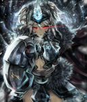  armor artist_name blush cameron_johnson dark_skin dated fang fur gauntlets glowing glowing_eyes grey_hair hair_between_eyes horn latale looking_at_viewer navel number red_eyes solo terror_knight_(latale) triangle_mouth two_side_up 