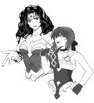  2girls amazon_warrior armor blue_eyes bracelet dc_comics dress fate/strange_fake fate_(series) highres hippolyta_(fate) jewelry long_hair monochrome multiple_girls ponytail rutuweian tiara upper_body wonder_woman wonder_woman_(series) yellow_eyes 