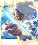  1boy blue_sky cloud cloudy_sky english_commentary full_body fur-trimmed_shorts fur_trim gear_fifth grin highres holding looking_at_viewer male_focus monkey_d._luffy one_piece open_clothes open_shirt outdoors red_eyes sandals shirt shorts sky smile solo taku_(aywakutakuay) thunder transformation white_hair white_shirt white_shorts 