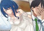  1boy 1girl absurdres black_hair blue_eyes blue_hair blush breasts cleavage closed_eyes closed_mouth collared_shirt commentary_request dress facepalm green_necktie highres imigimuru indoors jacket large_breasts long_dress long_sleeves looking_at_another looking_to_the_side make_heroine_ga_oo_sugiru! medium_hair necktie novel_illustration nukumizu_kazuhiko off-shoulder_dress off_shoulder official_art parted_bangs school_uniform second-party_source see-through_cleavage see-through_clothes shirt short_hair short_sleeves sidelocks split_screen sweat swept_bangs tsuwabuki_high_school_uniform wedding_dress white_dress white_jacket white_shirt wooden_floor yanami_anna 