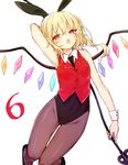  alternate_costume animal_ears arm_up bare_arms blonde_hair brown_legwear bunny_ears bunnysuit covered_navel crystal detached_collar fake_animal_ears fang flandre_scarlet highleg honotai laevatein looking_at_viewer necktie open_mouth pantyhose red_eyes short_hair side_ponytail simple_background sleeveless solo touhou vest white_background wings wrist_cuffs 