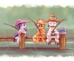  applejack_(mlp) blonde_hair blue_eyes earth_pony equine female feral fishing fishing_rod freckles friendship_is_magic green_eyes hair hat horn horse invalid_color magnus_(mlp) male mammal my_little_pony pony purple_hair rarity_(mlp) smile unicorn whitediamonds 