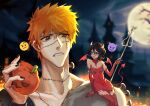  1boy 1girl black_hair black_nails bleach blurry blurry_background bolt_in_neck brown_eyes carrying castle choker cocked_eyebrow demon_costume demon_girl demon_horns demon_tail demon_wings dress elbow_gloves emoji frankenstein's_monster_costume full_moon gloves grey_shirt hair_between_eyes highres holding holding_polearm holding_weapon horns jack-o'-lantern kuchiki_rukia kurosaki_ichigo medium_hair moon nail_polish official_alternate_costume open_mouth orange_hair parted_lips polearm purple_eyes red_choker red_dress red_gloves red_thighhighs red_wings shirt short_dress short_hair shoulder_carry smile spiked_hair stitched_face stitched_neck stitches strapless strapless_dress tail takenokoqvq thighhighs weapon wings 