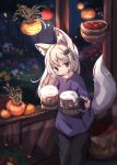  absurdres alcohol animal_ear_fluff animal_ears apple basket beer beer_mug blurry blurry_background bush buttons chipie_0114 clover commentary_request commission cup dorei_to_no_seikatsu_~teaching_feeling~ facing_viewer flat_chest flower foam food fruit grey_eyes hair_ornament halloween highres jack-o'-lantern large_tail long_hair looking_at_viewer mug pixiv_commission plant pump purple_shirt scar scar_on_face shirt smile tail white_hair white_tail 