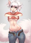  anthro clothed clothing clothing_lift fangs feline female hair humanoid kaitycuddle mammal navel panties shirt shirt_lift simple_background skinny smile solo teeth underwear unzipped white_hair wide_hips 