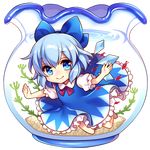  barefoot blue_dress blue_eyes blue_hair blush cirno dress fish fishbowl full_body hair_ribbon ice ice_wings in_container looking_at_viewer masaru.jp puffy_sleeves ribbon short_hair short_sleeves smile solo submerged touhou transparent_background underwater wings 