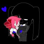  2girls another_cup_(synthesizer_v) at_(user_drmj5523) black_background black_hair black_pants black_skin blue_gloves blue_necktie carrying cat_girl collared_shirt colored_skin commentary_request cowboy_shot cropped_legs drill_hair eye_contact glasses gloves hatsune_miku highres kasane_teto looking_at_another multiple_girls necktie nervous office_lady pant_suit pants pink_gloves pink_necktie princess_carry shirt short_sleeves size_difference smile smug suit twin_drills twintails vocaloid white_shirt yuri 