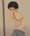  1boy against_wall black_hair glasses male_focus miya_(24toys) solo sweat tagme underwear 