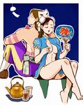  1girl back-to-back balrog barefoot braid breasts brown_hair bun_cover chun-li closed_eyes cup double_bun earrings fan food fruit hieeru_ponpon jewelry kettle large_breasts long_hair mask mask_removed navel open_clothes open_mouth open_shirt panties paper_fan shirt shirtless single_braid street_fighter street_fighter_ii_(series) uchiwa underwear watermelon 