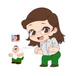  1girl artist_name belt brown_belt brown_eyes brown_hair chibi chibi_only collared_shirt commentary double_thumbs_up family_guy genderswap genderswap_(mtf) green_pants highres long_hair looking_at_viewer open_mouth pants peter_griffin reference_inset rkgkrabu shirt simple_background sleeves_rolled_up thumbs_up white_background white_shirt 