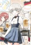  2girls alcohol alternate_costume beer blush blush_stickers breasts bun'ya_(0874cirno141) cup dated dirndl german german_clothes german_flag grey_hair iron_cross kantai_collection looking_at_viewer machinery mug multiple_girls no_hat no_headwear open_mouth red_eyes red_hair silver_eyes skirt skirt_tug small_breasts smile translated z1_leberecht_maass_(kantai_collection) z3_max_schultz_(kantai_collection) 