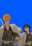 1boy 1girl absurdres belt black_hair black_kimono bleach blue_background closed_eyes fist_bump grey_eyes hair_between_eyes haori highres japanese_clothes kimono kuchiki_rukia kurosaki_ichigo looking_at_another orange_hair shihakusho short_hair smile sna9_104 sword sword_on_back upper_body weapon weapon_on_back white_belt white_haori 