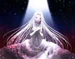  collarbone commentary_request dress fate/zero fate_(series) floating_hair hair_intakes hands_together irisviel_von_einzbern light_particles long_hair pale_skin red_eyes short_sleeves smile solo spotlight sushimaro twitter_username very_long_hair white_dress white_hair 