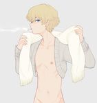  1boy blonde_hair cigarette male_focus miya_(24toys) nipples pale_color smoke solo towel 