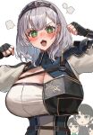  1girl 3boys absurdres armor black_gloves blush breasts cleavage clenched_hands fingerless_gloves gloves green_eyes grey_hair headpiece highres hololive large_breasts looking_at_another looking_at_viewer medium_hair multiple_boys open_mouth rum_raisin_(chihiromakita19) saliva shirogane_noel shirogane_noel_(1st_costume) simple_background sweat virtual_youtuber white_background 