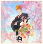  1boy 1girl black_hair black_kimono bleach blush border cherry_blossoms cowboy_shot crossed_arms falling_petals floral_print floral_print_kimono flower hair_between_eyes hair_flower hair_ornament hand_fan highres holding holding_fan japanese_clothes kimono kuchiki_rukia kurosaki_ichigo obi open_mouth orange_hair petals pink_petals print_kimono purple_eyes sash smile takenokoqvq white_border wide_sleeves 