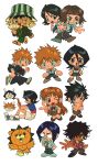  4girls 5boys absurdres adjusting_eyewear animal_ears arisawa_tatsuki asano_keigo bandaged_hand bandages black_hair black_kimono bleach blonde_hair blue_necktie blue_shirt bow bowtie brown_eyes brown_hair brown_skirt chibi chibi_only collared_shirt folding_fan furrowed_brow glasses hair_between_eyes hair_ornament hair_over_one_eye hand_fan hand_on_own_chin highres holding holding_fan inoue_orihime ishida_uryuu japanese_clothes kimono kojima_mizuiro kon_(bleach) kuchiki_rukia kurosaki_ichigo long_hair medium_hair multiple_boys multiple_girls necktie one_eye_closed opaque_glasses open_mouth orange_hair parted_bangs pleated_skirt purple_eyes rabbit_ears red_bow red_bowtie running sado_yasutora sandals shihakusho shirt shoes short_hair sitting skirt smile sneakers snowflake_hair_ornament socks striped_clothes striped_hat striped_necktie stuffed_animal stuffed_lion stuffed_toy sweatdrop tan urahara_kisuke v white_shirt white_shoes white_socks xi_luo_an_ya 