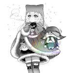  1girl alternate_costume alternate_hairstyle animal_ear_headwear animalization aranara_(genshin_impact) beanie blush boots bow caramelo_game cloak closed_mouth cross-shaped_pupils earflap_beanie eyelashes fur-trimmed_cloak fur-trimmed_sleeves fur_trim genshin_impact greyscale hair_between_eyes hair_down hat highres knee_boots large_bow long_hair long_sleeves mittens monochrome nahida_(genshin_impact) pointy_ears pom_pom_(clothes) scaramouche_(cat)_(genshin_impact) scaramouche_(genshin_impact) snowing solo standing symbol-shaped_pupils tareme trembling twitter_username watermark 
