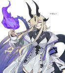  absurdres arknights armband black_horns black_shirt black_tail blonde_hair blue_eyes coat commentary cowboy_shot dress fire flame-tipped_tail grin hair_over_one_eye hand_up highres horns jewelry long_hair long_sleeves looking_at_viewer necrass_(arknights) one_eye_covered open_clothes open_coat purple_armband purple_fire ring shirt simple_background smile standing tail tail_raised takoyaki5221 white_background white_coat white_dress 