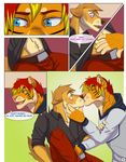  anthro bedroom_eyes belt blue_eyes canine clothed clothing comic dialogue dog english_text feline half-closed_eyes kissing male male/male mammal mr_baton piercing purple_eyes seductive text tiger 