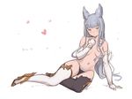  animal_ears arm_support bangs black_legwear covering covering_breasts elbow_gloves erune gloves granblue_fantasy hanarito korwa looking_at_viewer mismatched_legwear navel silver_hair solo thighhighs topless white_gloves white_legwear 