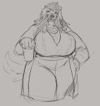  anthro beverage big_breasts bottomwear breasts canid canine canis clothed clothing coat domestic_dog ear_piercing ear_ring female female_anthro front_view hand_on_hip hi_res holding_beverage holding_object huge_breasts jewelry jezzlen looking_aside mammal millie_(jezzlen) monochrome mouth_closed necklace open_clothing open_coat open_topwear overweight overweight_anthro overweight_female pants piercing portrait ring_piercing simple_background sketch solo standing three-quarter_portrait topwear 