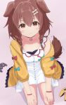  1girl :3 absurdres animal_ears brown_eyes brown_hair closed_mouth collar commentary_request controller dog_ears dog_girl dog_tail dress game_controller gamecube_controller highres hololive inugami_korone inugami_korone_(1st_costume) jacket looking_at_viewer morotade_kudou nintendo_64_controller red_collar smile tail virtual_youtuber white_dress yellow_jacket 